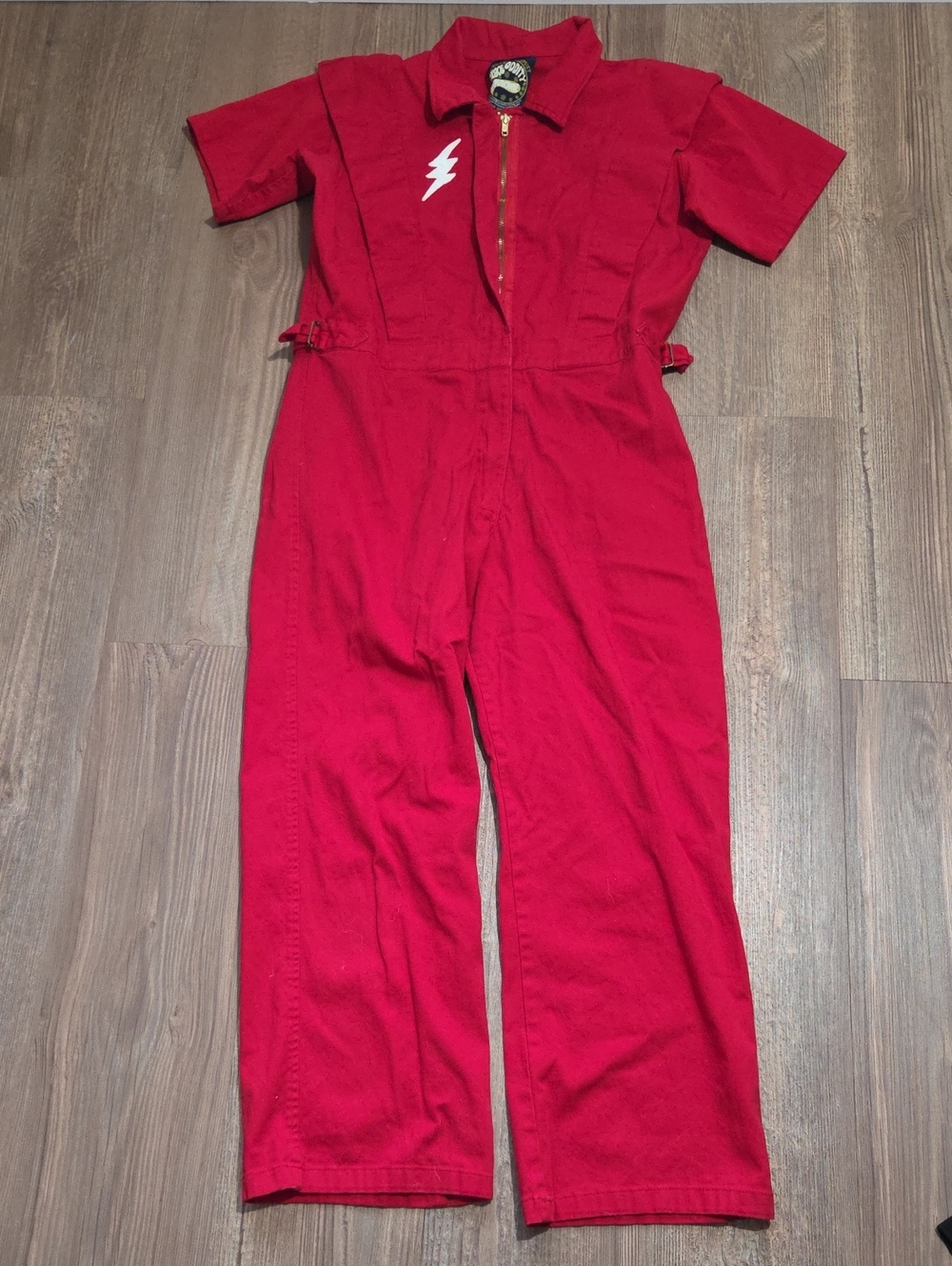 Space Oddity Red Short-Sleeve One-Piece Jumpsuit with Lightning Detail